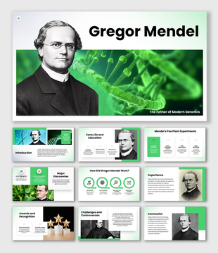 Gregor Mendel presentation with green DNA graphics, scientist portraits, and genetics infographic layouts.
