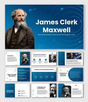 James Clerk Maxwell presentation with blue physics graphics, scientist portraits, and theory infographic layouts.