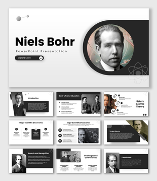 Niels Bohr presentation with atomic graphics, scientist portraits, and physics infographic layouts.