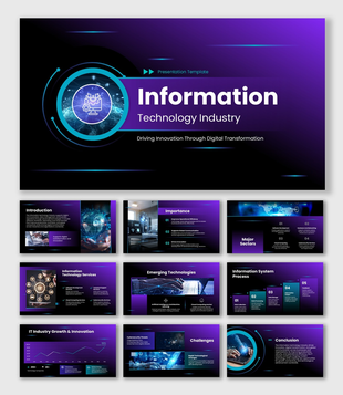Information Technology Industry slide with neon purple theme, digital icons, and futuristic tech visuals.