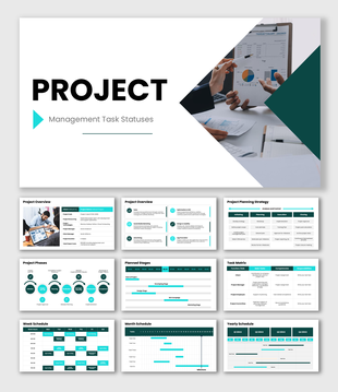 Project Management Task Statuses template with teal charts, schedules, and workflow tables.