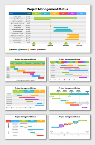 Project Management Status template with colorful Gantt charts, milestones, and timeline tables.