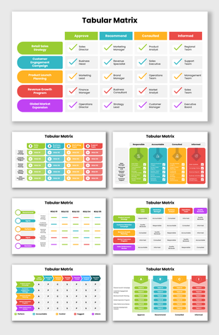 Tabular Matrix with colorful role grids, check icons, approval flow, and editable business tables.