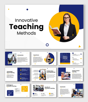 Innovative Teaching Methods with teacher visuals, colorful layouts, learning sections, and modern classroom designs