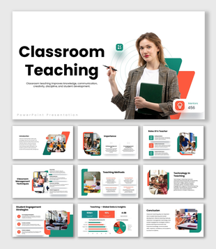Classroom Teaching with teacher visuals, colorful layouts, learning charts, and student engagement sections.