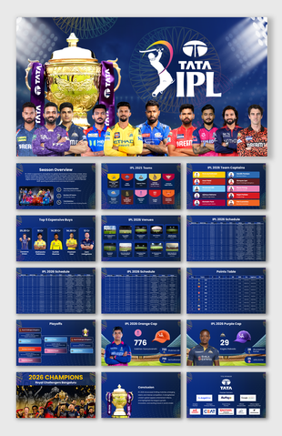 Indian Premier League 2026 slide with trophy, players, blue theme, icons, and structured text holders.