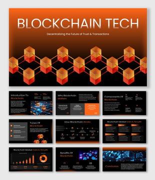 Blockchain Technology deck with orange linked cubes, dark theme, charts, icons, and infographic layouts.
