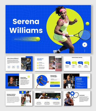 Serena Williams presentation with blue-green theme, tennis photos, timeline, awards, and infographic slides.