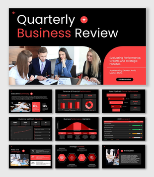Quarterly Business Review with team photo, red-black KPI charts, dashboards, and strategy layouts.