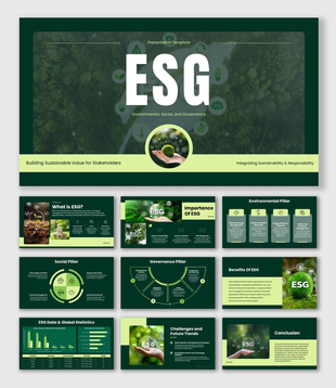 ESG presentation with green forest backdrop, sustainability icons, charts, circular shapes, and layouts.
