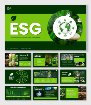 ESG presentation with green globe icons, sustainability graphics, charts, circular shapes, and layouts.