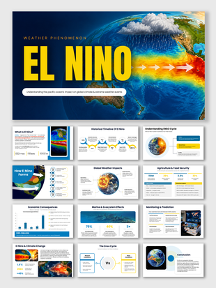 EL NINO 2026 presentation with globe map, rain clouds, heat flow arrows, blue-yellow shapes, and data layouts.