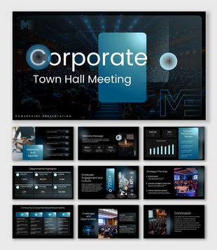 Corporate Town Hall Meeting with auditorium photo, blue glass shapes, KPI dashboards, and content layouts.