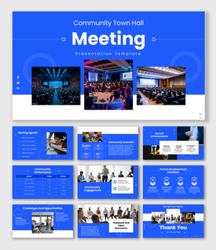 Community Town Hall Meeting with blue theme, event photos, agenda layouts, and circular infographic shapes.