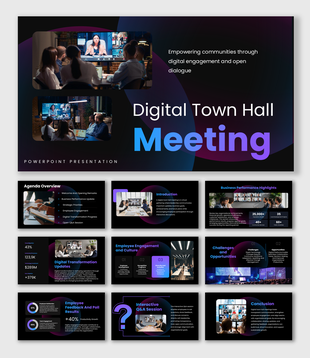 Digital Town Hall Meeting with virtual audience images, dark gradients, rounded panels, and agenda layouts.