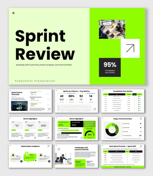 Sprint Review with green theme, KPI cards, progress charts, feedback panels, and metric dashboards.