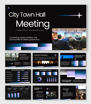 City Town Hall Meeting with dark theme, audience photos, civic dashboards, and gradient content blocks.