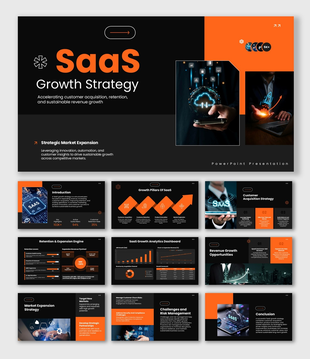 SaaS Growth Strategy with orange accents, SaaS visuals, KPI dashboards, charts, and content layouts.