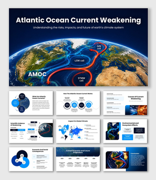 Atlantic Ocean Current Weakening presentation with AMOC map, blue arrows, climate charts, and layouts.