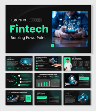 Future Of Fintech And Banking with mobile banking visuals, green accents, charts, icons, and dark layouts.