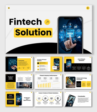 Fintech Solutions with smartphone fintech visuals, yellow accents, KPI charts, icons, and content layouts.