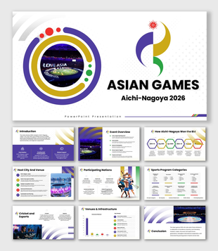 Asian Games 2026 presentation with multicolor theme, stadium photos, timelines, icons, and editable layouts.
