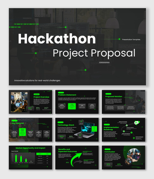 Hackathon Project Proposal with coding workspace, green accents, charts, roadmap, and layouts.