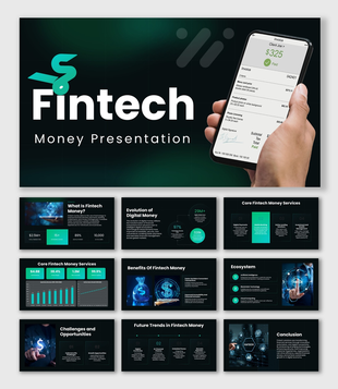 Fintech Money with mobile payment visuals, teal accents, KPI charts, fintech icons, and dark layouts.