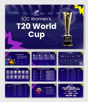 ICC Womens T20 World Cup with trophy, purple theme, team flags, schedules, venues, and content boxes.