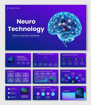 Neurotechnology Brain Computer Interfaces with glowing brain, purple theme, charts, icons, layouts.