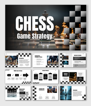 Chess Game Strategy with chessboard, king pieces, checker shapes, black-white theme, and layouts.