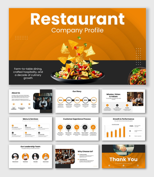 Restaurant Company Profile with food visuals, orange-black theme, bold typography, circular shapes, and text holders.