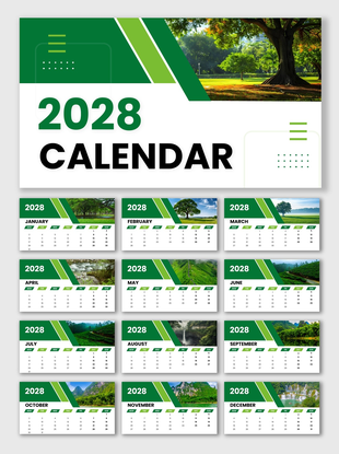 2028 Calendar With Holidays, green nature theme, monthly layouts, editable text holders, shapes, scenic images.