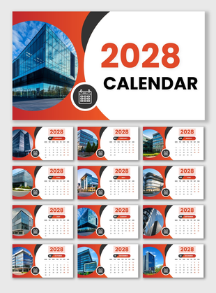 2028 Calendar with monthly layouts, building photos, red-white theme, and circular shapes.