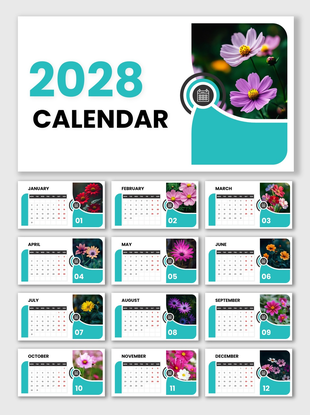 Calendar 2028 with floral photos, monthly layouts, teal theme, calendar icon, and rounded shapes.