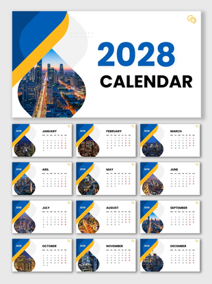 Calendar For 2028 with city skyline photos, monthly layouts, blue-yellow theme, and curved shapes.