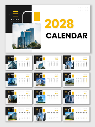Printable Calendar 2028 with building photos, monthly layouts, black-yellow theme, and date grids.