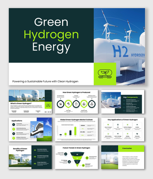 Green Hydrogen Energy, green-white theme, H2 tanks, wind turbines, editable text holders, infographic shapes.