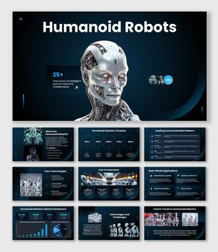 Humanoid Robots, dark blue theme, AI robot visuals, infographic layout, editable text holders and modern shapes.