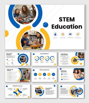 STEM Education, blue-yellow theme, student lab images, science icons, circular shapes, editable text holders.