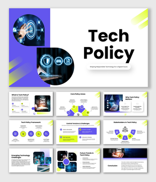 Tech Policy Presentation, cyber images, purple-white theme, icons, text holders, infographic shapes, modern layout.