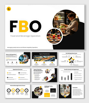 Food And Beverage Operations with chef images, black-yellow theme, circular shapes, text holders, hospitality layout.