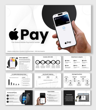Apple Pay smartphone, black-white theme, circular shapes, text holders, modern mobile payment infographic layout.