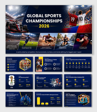 Global Sports Championships, blue theme, athlete images, infographic layout, editable text holders, geometric shapes.