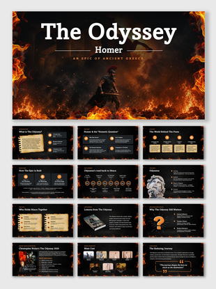 The Odyssey dark epic template with fire effects, warrior image, bold text holders, and themed layouts.