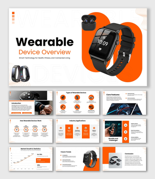 Wearable Device Overview with smartwatch, earbuds, orange shapes, icons, and editable text holders.
