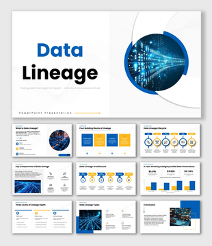 Data Lineage with blue workflow, data flow visuals, icons, process steps, and editable text holders.