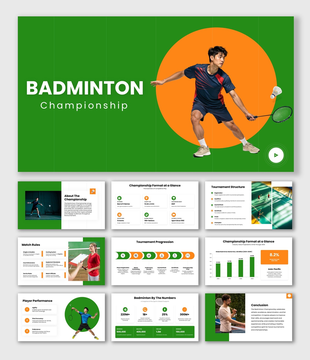 Badminton Championship with player, green-orange graphics, editable text holders, and modern layout.