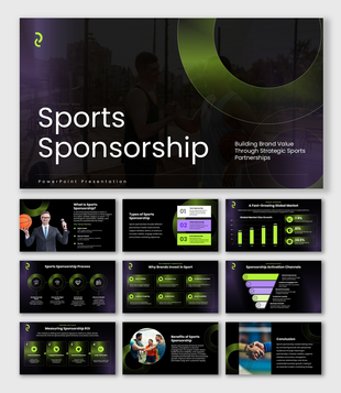 Sports Sponsorship with athlete visuals, dark-green graphics, editable text holders, and modern layout.