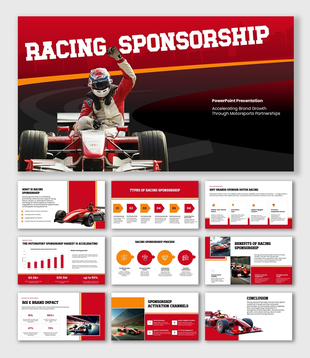 Racing Sponsorship with race car, driver, red-black graphics, editable text holders, and modern layout.